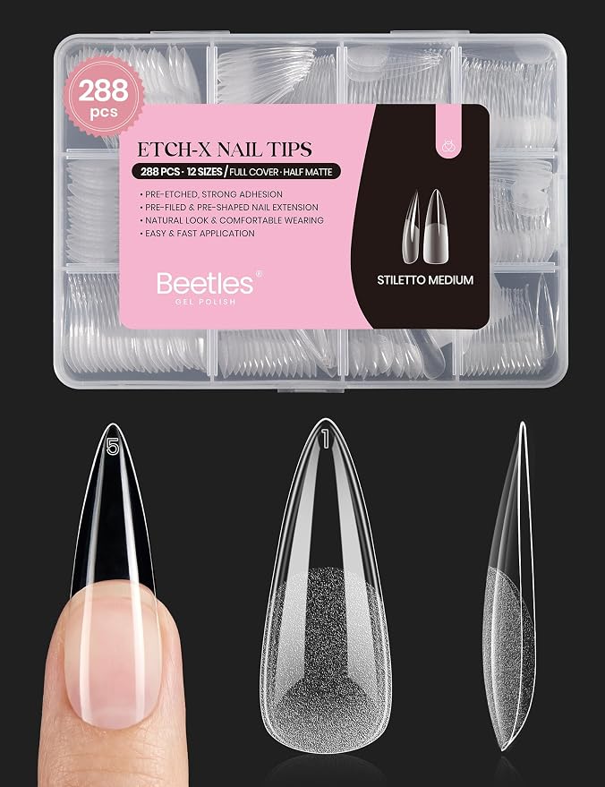 Beetles Gel Nail Tips Etch-X, Stiletto Medium, Pre-Etched Half Matte Full Cover by beetlesGelPolish