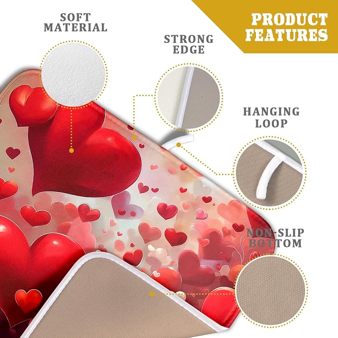 Valentines Day Dish Drying Mat for Kitchen Counter 18x16 Inch Red Heart Drying - Image 3