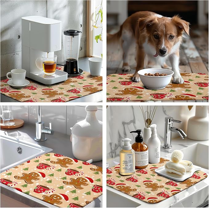 Cute Gingerbread Man Xmas Dish Drying Mat, Absorbent Dish Pad, 18x24 inch - Image 7