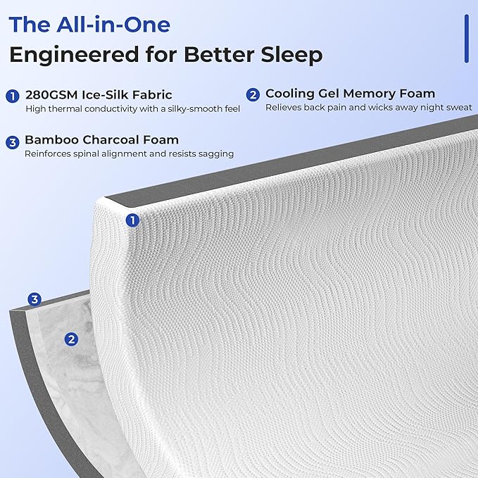 Firm Cooling Mattress Topper Queen Size 3 Inch, Cooling Gel & Bamboo Charcoal Memory Foam Mattress Topper for Back Pain Relief, Dual-Layer Foam Bed Pad with Removable Cover