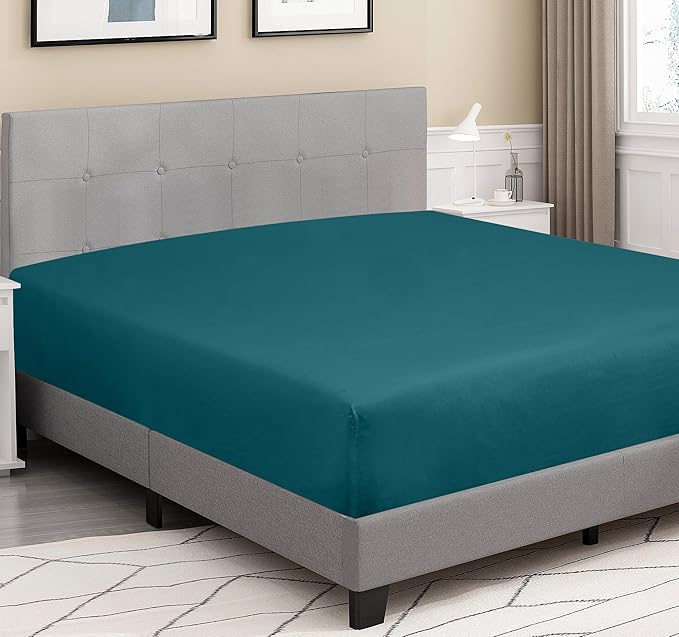 ROYALE LINENS 300 Thread Count 100% Long Staple Combed Cotton Fitted Sheet Queen - Super Soft Deep Pocket Bottom Sheet - Fitted Sheets Only - Elastic Sheets (Queen, Teal)