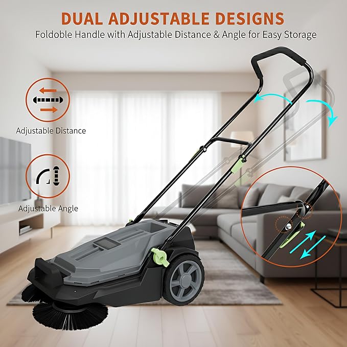 Walk-Behind Hand Push Floor Sweeper, 25.6" Sweeping Width Manual Non-Electric - Image 5