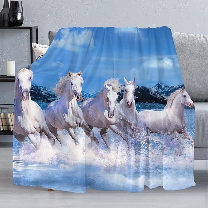 Prancing White Horses Throw Blanket for Couch, Super Soft Fuzzy Throws Warm Comfortable Plush Fleece Blanket, Fashion Decorative Flannel Fleece Blanket for All Season(50 x 60 in, White Horses)