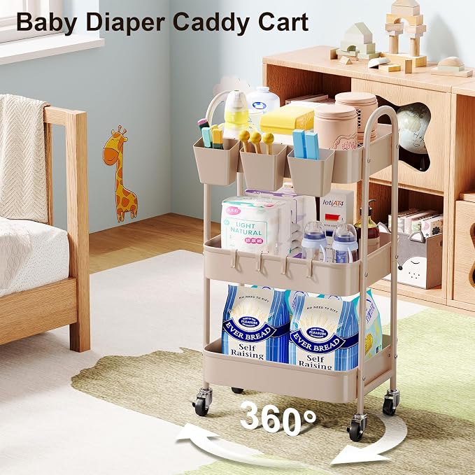 3 Tier Khaki Metal Utility Rolling Cart, Storage Cart - Image 2