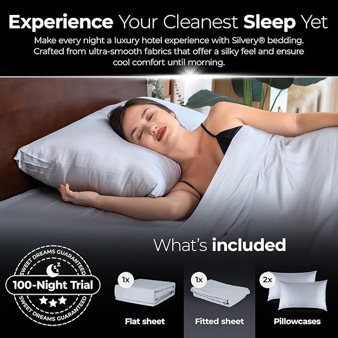 Silvery Silver Infused Bed Sheets Set - Award-Winning Self-Cooling Fabric with Self-Cleaning Silvery Technology™ That Stays Fresh 3X Longer for Hygienic Sleep (Gray, Full)