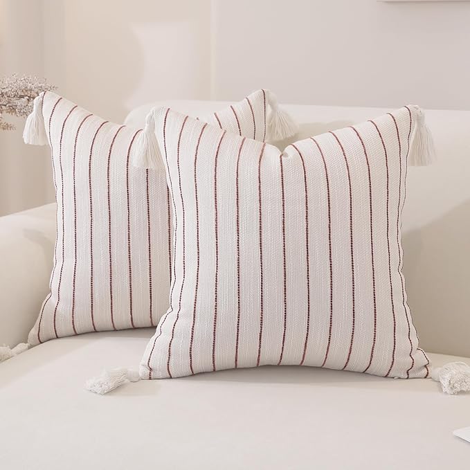 Boho Throw Pillow Covers 20x20 Inch Set of 2, Wine Red Textured Linen Striped Square Pillow Covers with Tassels, Soft & Cozy Farmhouse Décor Pillow Cases for Sofa Couch Bed Living Room Thanksgiving