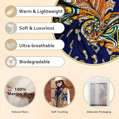 DANA XU 100% Merino Wool Pashmina Shawl for Women 96"x43", Oversized Cashmere Wrap with Tassels, Floral Travel Blanket Cape