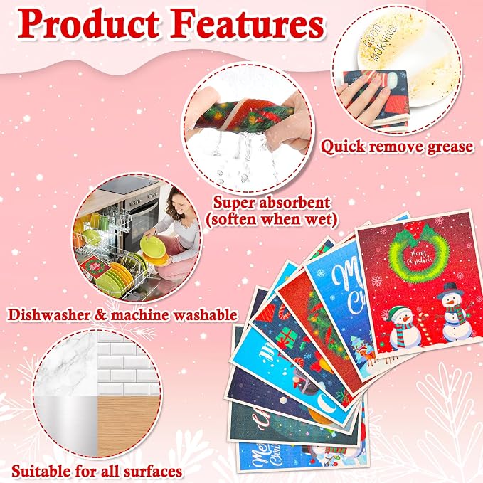 Lucomb 8 Pack Christmas Swedish Dishcloths Reusable, Kitchen Sponges Soft - Image 5