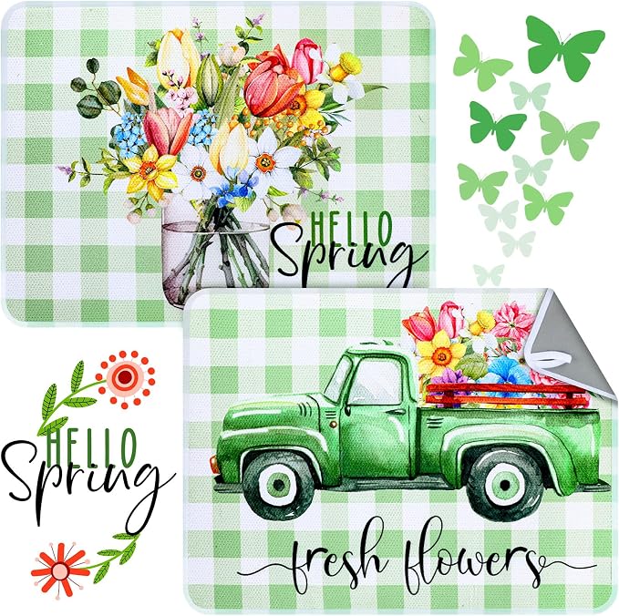 2 Pcs Dish Drying Mat for Kitchen, Spring Floral Absorbent Microfiber Dish Mat by SiliFine