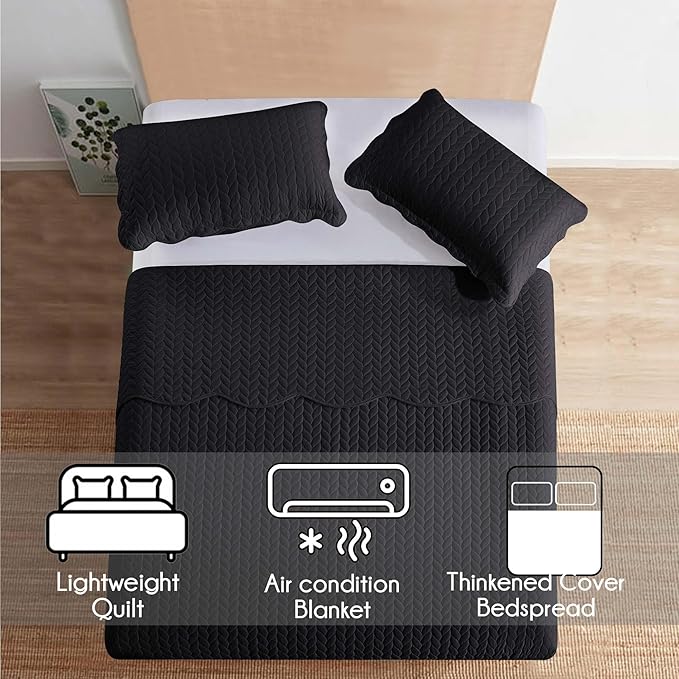 IR Imperial Rooms King Quilt Bedding Set Size (106" x 96") + 2 Pillow Shams (20" x 36"+ 2") - 3 Pcs All Season Lightweight Reversible Microfiber Coverlet Embossed Quilt Bedspread (Black)
