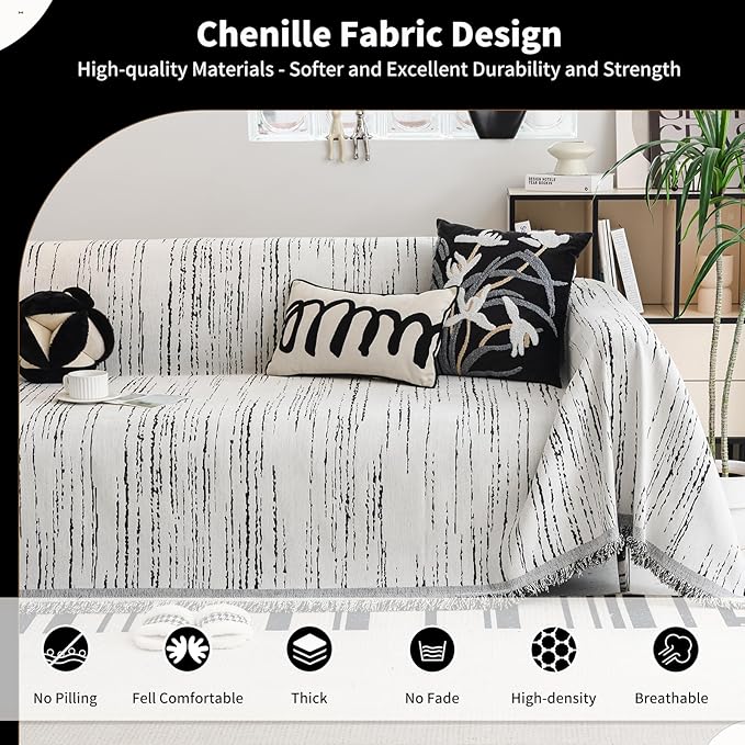 Chenille Couch Cover Pet Friendly, Sofa Cover Washable, Reversible Sofa Slipcover for Sectional Sofa, Loveseat, 2 or 3 Cushion Couch, Corner Sofa, Futon Cover (71" X 134", White)
