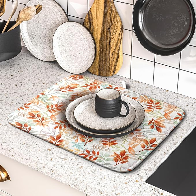 Fall Dish Drying Mat for Kitchen Counter 16x18 Burnt Orange Leaves Autumn - Image 5