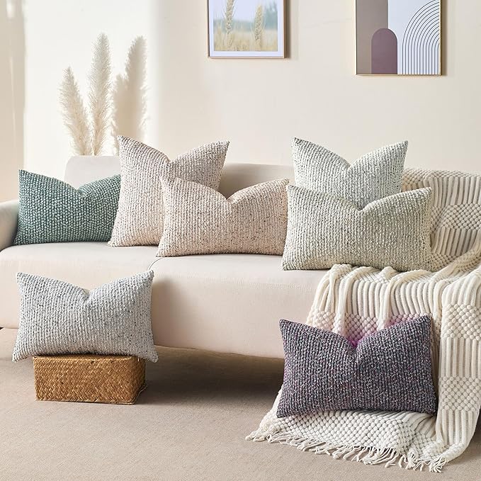 Decorative Couch Throw Pillow Covers 16x16 Blue Striped Soft Wool Pillow Covers Neutral Textured Boho Cushion Covers for Modern Farmhouse Sofa Bedroom Living Room Decor SY011-C16