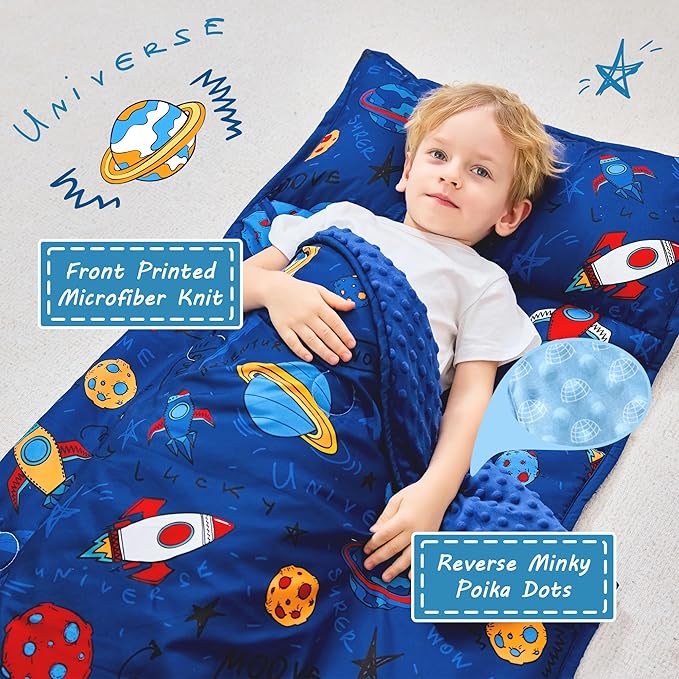 Toddler Nap Mat with Pillow and Blanket, Extra Large Rolled Napping Mats,Slumber Bags for Boys Girls,Kids Sleeping Bag for Daycare, Preschool Travel Camping