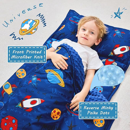 Toddler Nap Mat with Pillow and Blanket, Extra Large Rolled Napping Mats,Slumber Bags for Boys Girls,Kids Sleeping Bag for Daycare, Preschool Travel Camping