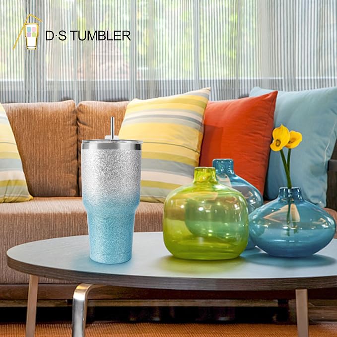 D·S 30 oz Tumbler Blue Glitter Gradient Cup Stainless Steel Double Wall Vacuum - Image 6