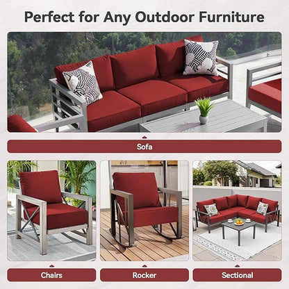 Luxury 6" Outdoor Cushions for Patio Furniture, 24x24x6" Thick Seat Cushion Set of 7, Fade Resistant Couch Chair Replacement Cushions High Density Deep Wicker Chair Cushion w/ Removable Cover, Red