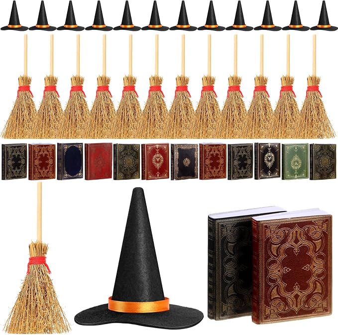 36 Pieces Mini Halloween Decorations 12 Mini Felt Witch Hats 12 Small Brooms 12 by Yuntau