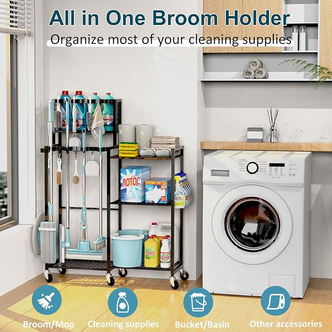 Broom Holder with Cleaning Supplies Organizer, Cleaning Cart with Broom Hanger - Image 3