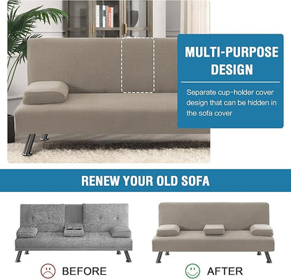 H.VERSAILTEX 4 Pieces Stretch Futon Covers Sofa Bed Slipcover with Removable Armrests and Cupholders Covers Furniture Protector High Spandex Small Checks Jacquard Fabric, Taupe