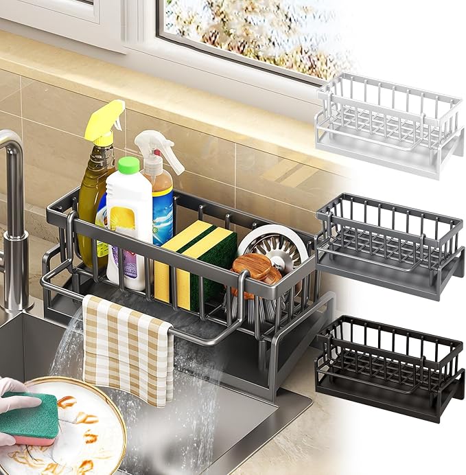 Kitchen Sink Organizer with Drain Tray, Sponge Holder, Brush Storage, - Image 2
