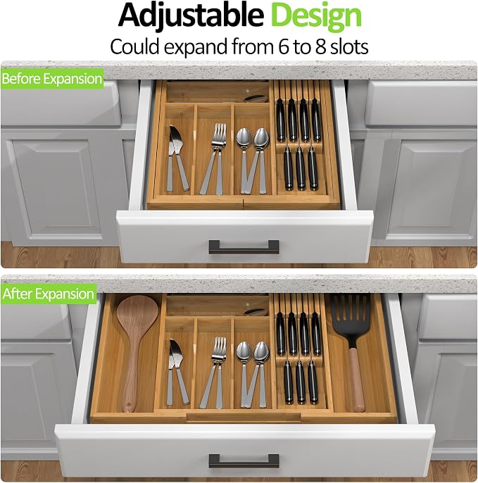 Bamboo Kitchen Drawer Organizer, Expandable Utensil Organizer - Image 2