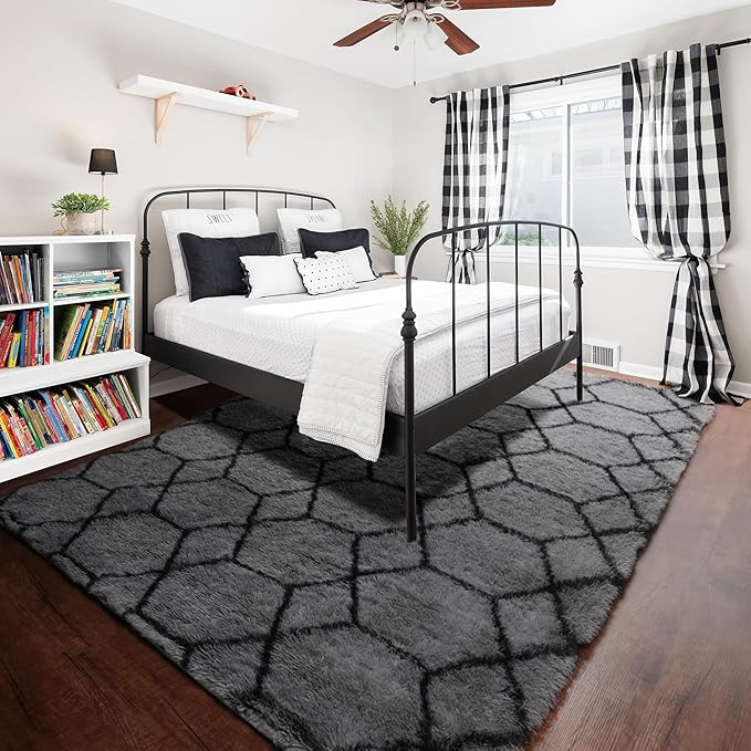 ONASAR 7x9 Area Rugs for Living Room Bedroom, Washable Large Fluffy Grey and Black Throw Rug, Geometric Soft Plush Shaggy Floor Carpet for Nursery Kids Girls Boys Teen Dorm Home Decor Aesthetic