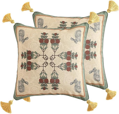 patdrea Designer Throw Pillow Covers Set of 2,French Elegant Green Linen with Rose and Animal Floral Pattern Pillow Covers,Decorative Square Pillowcases Cushion for Bed Living Room Outdoor,18"x18"