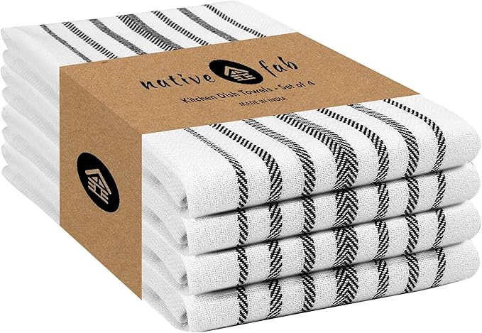 Native Fab 4 Pack Black Kitchen Towels Scandia Stripe 16"x26" by NativeFab