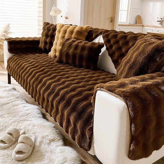 Faux Fur Couch Cover Fuzzy Soft Plush Thick Bubble Sofa Cover Luxury Sectional Couch Covers Luxury Anti-Slip Sofa Slipcover Washable Furniture Protector (Coffee,28"x47")