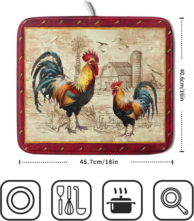 Farm Rooster Dish Drying Mat for Countertop 16x18 Inches Red Rustic Chicken - Image 2