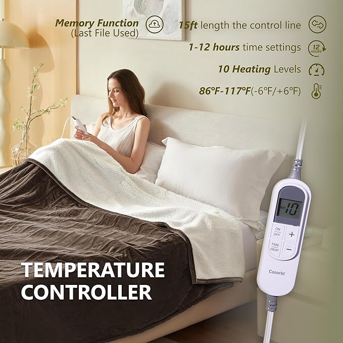 Heat Blanket 62”x84” Twin Size,Soft Flannel & Sherpa Reversible Electric Blanket with 10 Heat Settings,12 Timer Setting and 8 Hours Auto-Shut Off,ETL Certified Machine Washable,Dark Brown