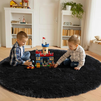 ONASAR Black Round Area Rug 4ft, Soft Bedroom Circle Rugs Floor Mats for Kids Girls Boys Teen Room, Fluffy Plush Shaggy Carpet for Baby Nursery Living Room Playroom Dorm Home Decor