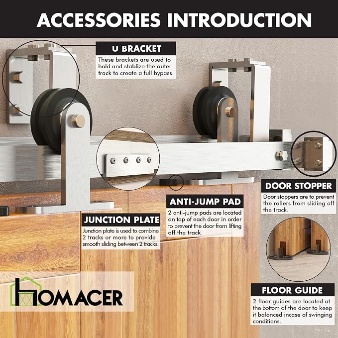 Homacer Brushed Nickel Double Track U-Shape Bypass Sliding Barn Door Hardware - Image 7