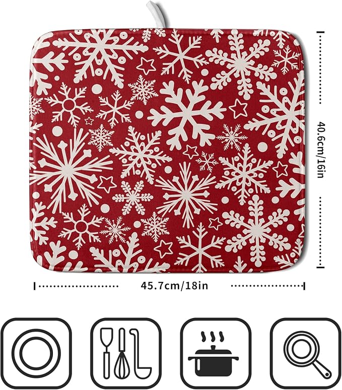 Christmas Dish Drying Mat for Kitchen Counter 16x18 Dark Red Snowflake Winter - Image 2
