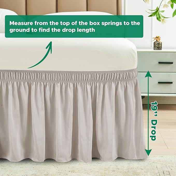 Biscaynebay Wrap Around Bed Skirts for King & Cal King Beds 19" Long Drop, Camel Grey Adjustable Elastic Dust Ruffles Easy Fit Wrinkle Resistant Silky Luxurious Fabric Machine Washable