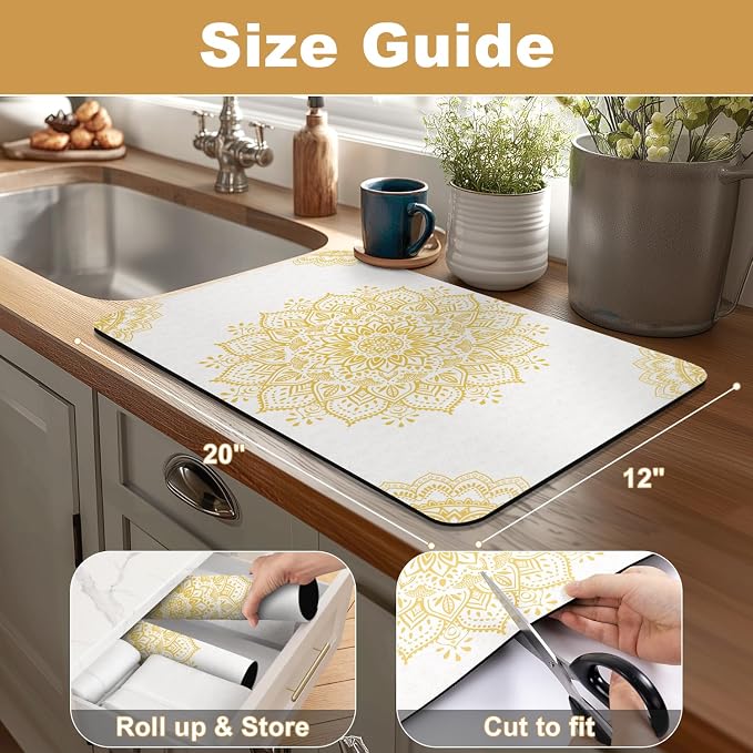 Yamaziot Boho Coffee Mat 12"x20", Floral Dish Drying Mat - Image 2