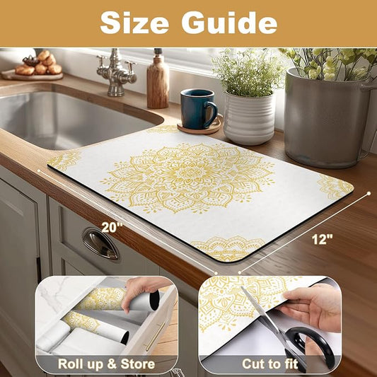 Yamaziot Boho Coffee Mat 12"x20", Floral Dish Drying Mat - Image 2