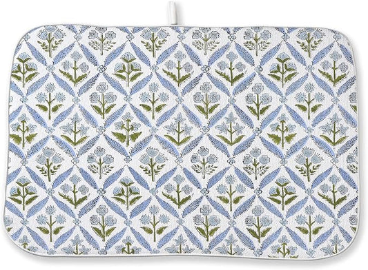 Blue Sage Green Block Print Dish Drying Mats 18x24 Inch Blue Green Vintage by GOLIANDA