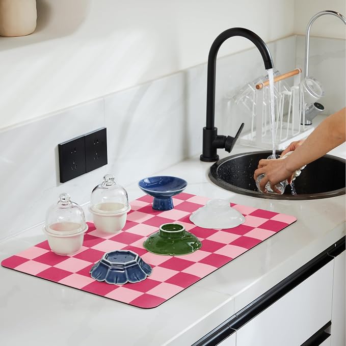 Checkered Dish Drying Mat for Kitchen Counter, Coffee Bar Station Accessories - Image 2