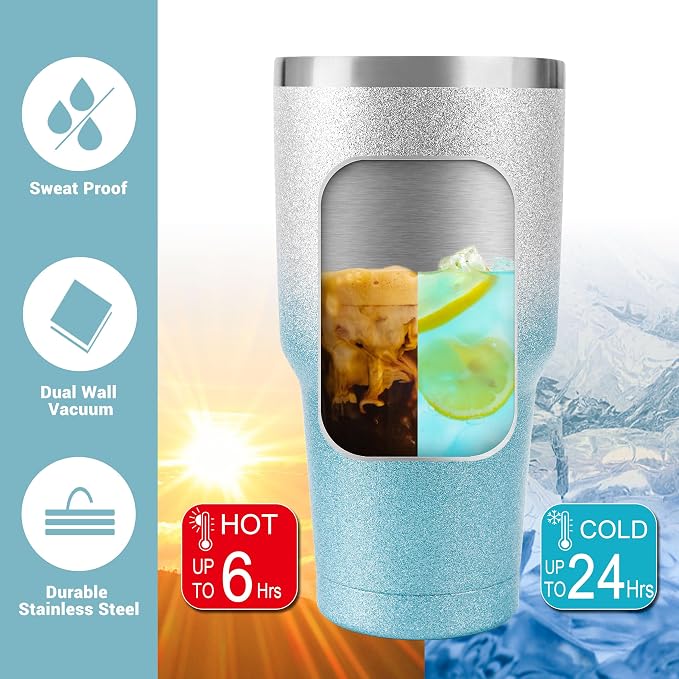D·S 30 oz Tumbler Blue Glitter Gradient Cup Stainless Steel Double Wall Vacuum - Image 4