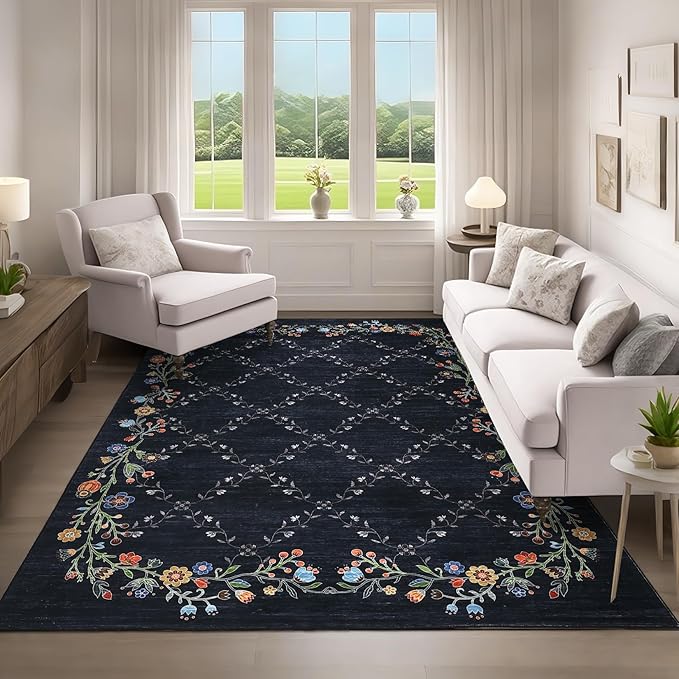 Garveehome 4x6 Washable Floral Area Rugs for Living Room: Modern Floral Non Slip Large Area Rugs for Bedroom, Large Machine Washable Living Room Low Pile Carpet with Non-Slip Backing Black 4 ft x6 ft.