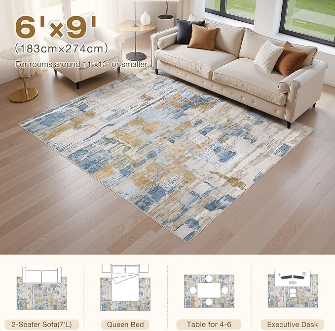Abstract Living Room Rug 6x9 - Modern Washable Soft Thin Area Rug for Living Room Bedroom Under Dining Table - Neutral Indoor Floor Rug Carpets for Home Office Playroom Nursery - Blue Gold