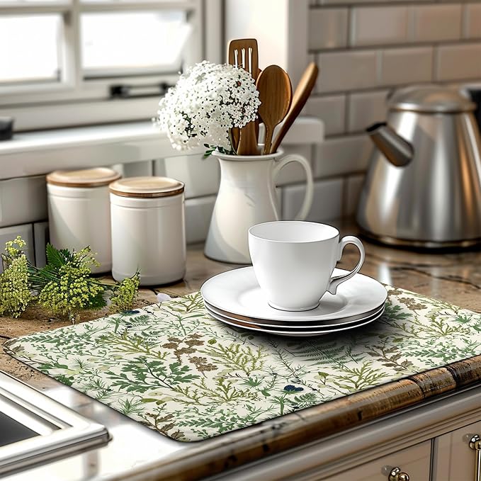 Sage Green Botanical Floral Dish Drying Mat - Image 6