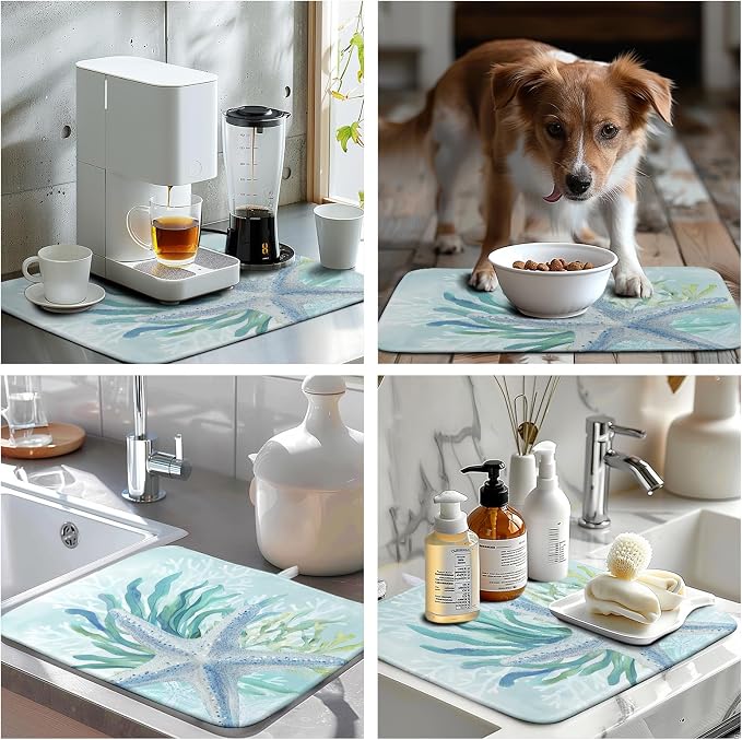 Summer Coastal Dish Drying Mat for Kitchen Counter Nautical Beach Starfish - Image 7
