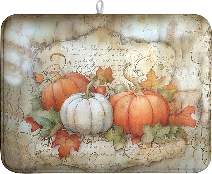 Autumn Kitchen Drying Mat 18x24 Inch Fall Pumpkin Maple Leaves Dish Drying Mats by Wnoesat