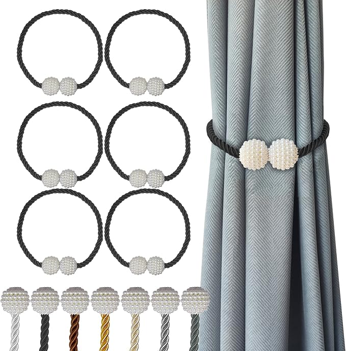 Hion Magnetic Curtain Tiebacks Black 6 Pack, Curtain Tiebacks Buckles Holdbacks by Hion