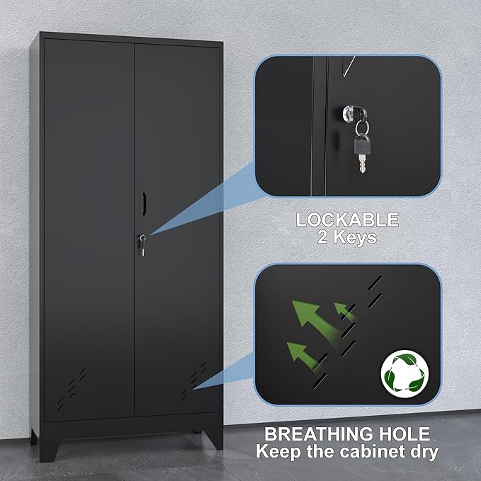 Metal Storage Cabinet with Locking Doors, Broom Closet, Freestanding Bathroom - Image 4