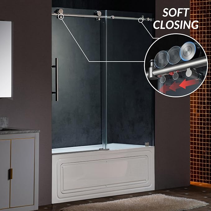 Woodbridge Frameless Single Sliding Shower Doors in Brushed Nickel Finish - Image 2