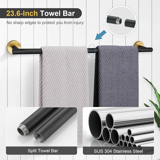 TQKAG Black and Gold Bathroom Accessory Set 5 Pieces, Round Stainless Steel - Image 2